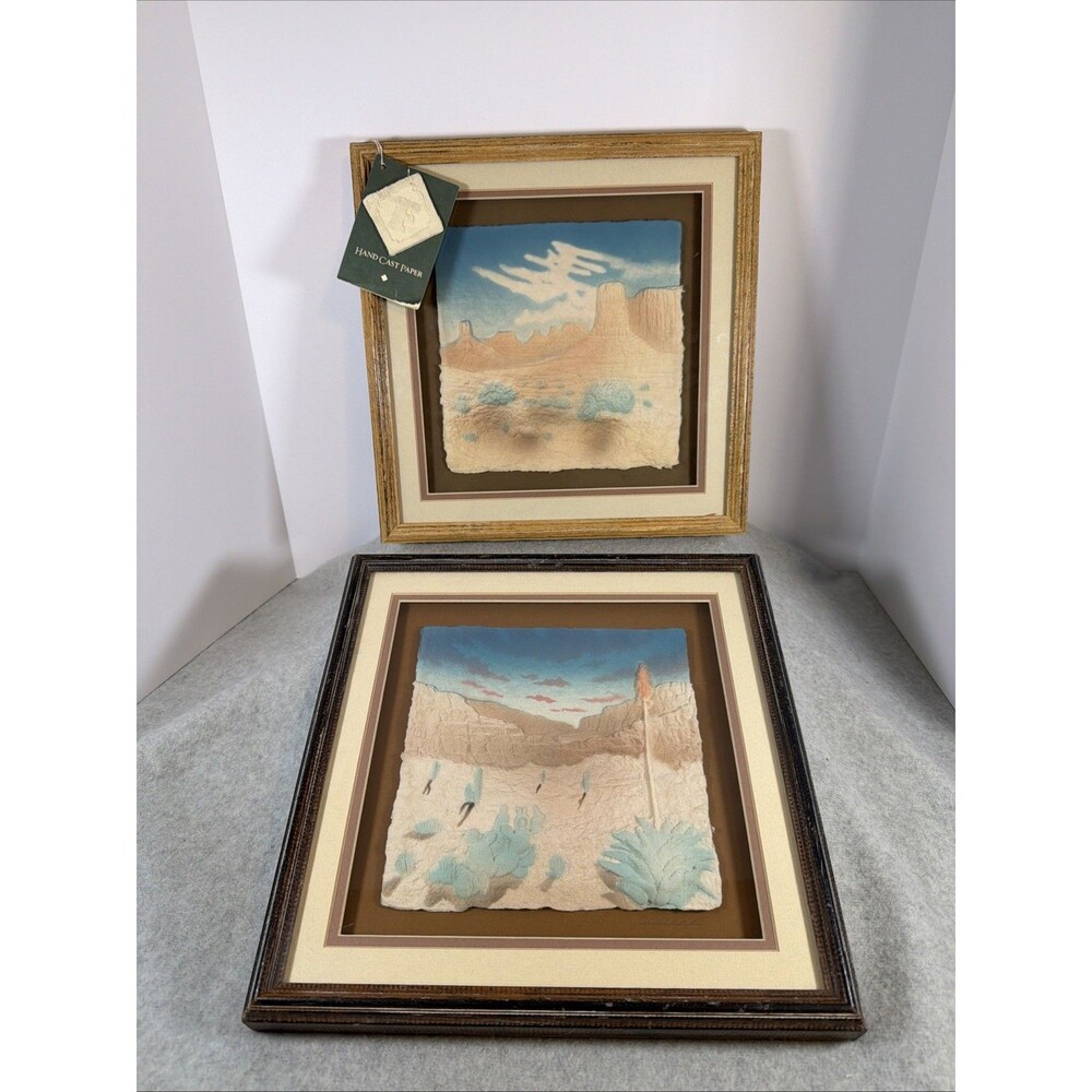 Vintage Figi Graphics 3D Cast Paper Art Southwest Desert Landscape Signed Pair